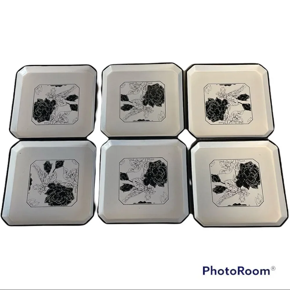 Vintage Mid Century Laquer Ware Ice Bucket and Coasters. Black and white floral.
